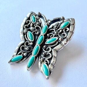 Butterfly Pin, Faux Turquoise and Silver-tone Brooch